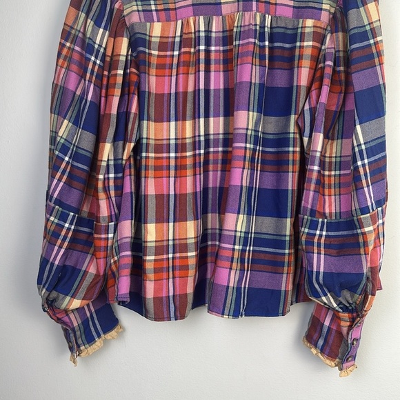 Free People Bexley Balloon Sleeve Plaid Top Relaxed Oversize Fit XS Button Front - Picture 15 of 16